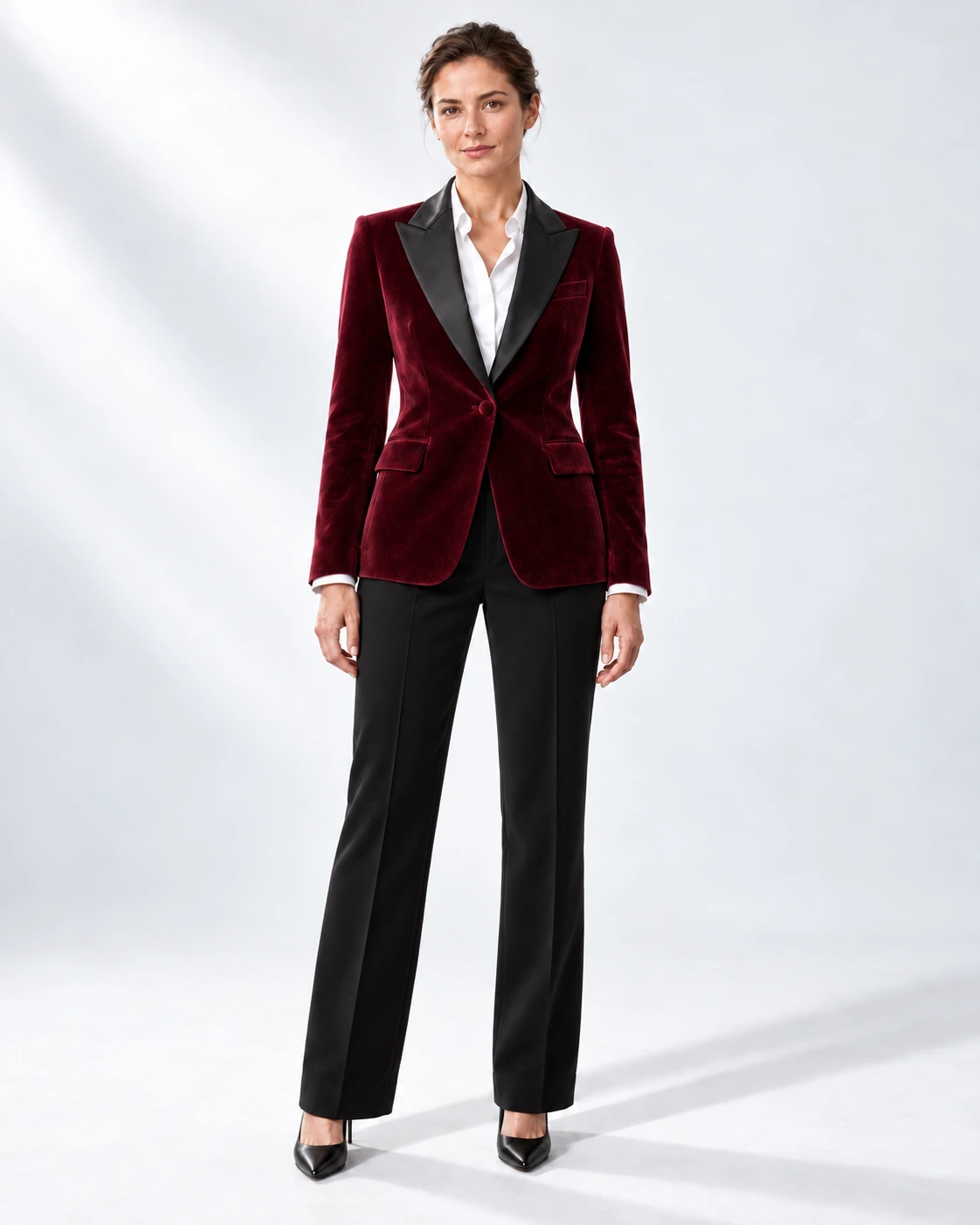 Woman in a wine velvet single-breasted tuxedo with black satin peak lapels and collar and contrast black wool trousers, full-length white studio photograph.