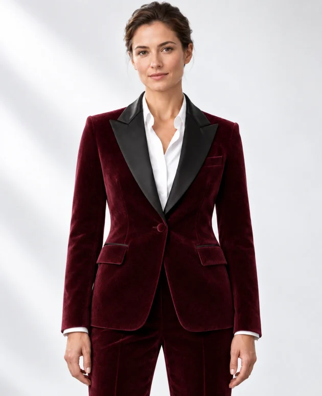 Woman wearing a wine velvet single-breasted tuxedo with black satin peak lapels and collar, head-to-upper-thigh portrait against a white studio background.